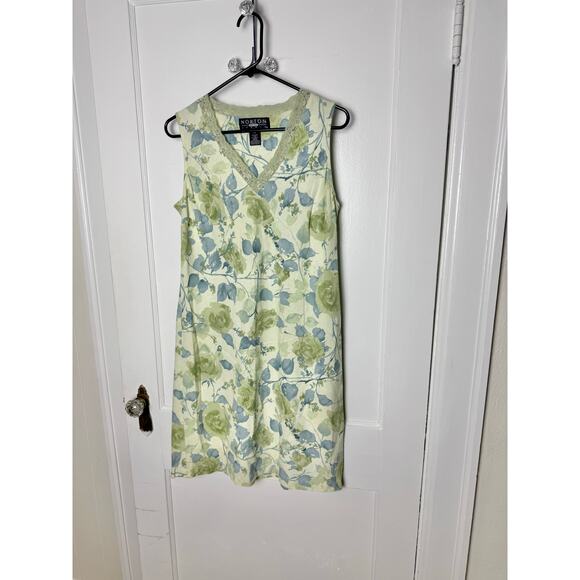 Vintage Y2K 00s Norton Green Blue Floral Linen Sheath Mini Dress Size Large P - Picture 1 of 6